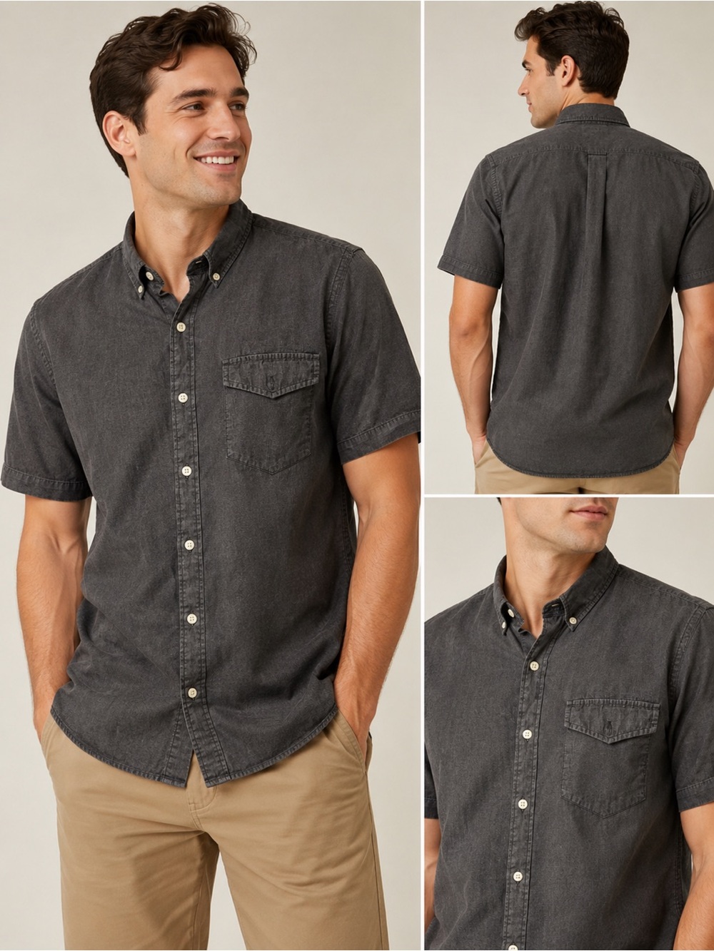 Ralph Lauren Short-Sleeve Button-Down Shirt in Charcoal Gray